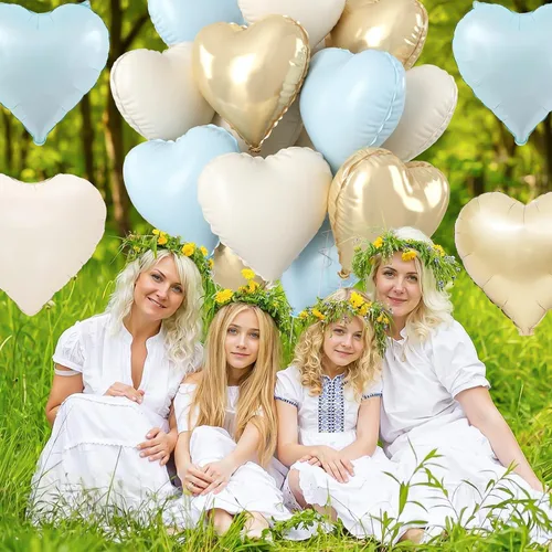 Vista 7 de Globos de corazón azul, dorado y blanco, 18 pulgadas, globos de papel de aluminio azul bebé y crema, 12 piezas, globos de helio en forma de corazón