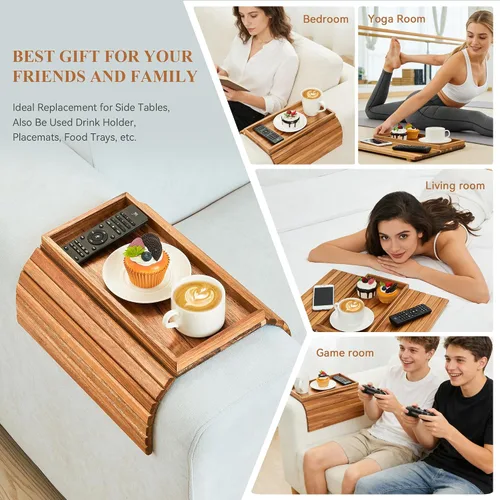 Vista 4 de GEHE Bandeja de madera de acacia para sofá, mesa auxiliar plegable para el brazo del sofá, mesa auxiliar con reposabrazos anticaídas, soporte
