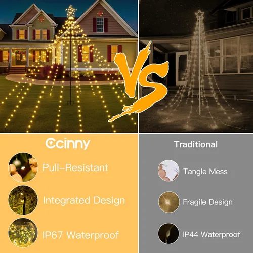 Vista 5 de Luces de árbol de Navidad de 340 LED con estrella superior, IP67, impermeable, control remoto, luces de cascada con poste, 16 modos, 3