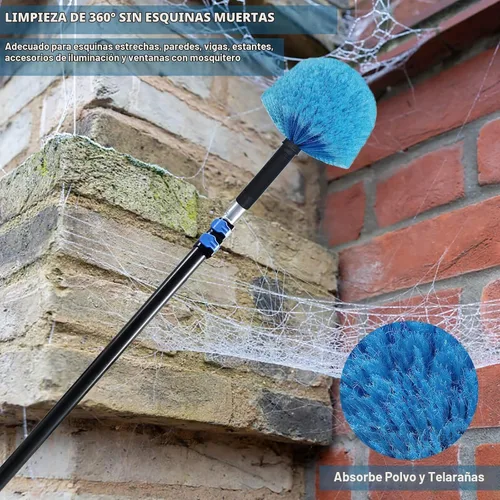 Vista 6 de Cepillo de cabeza de telaraña, cepillo giratorio para limpieza de tela de araña en exteriores e interiores, se adapta a postes roscados estándar