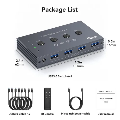 Vista 7 de Selector de interruptor USB 3.0 4 computadoras comparten 4 puertos USB A para ratón, teclado, impresora, escáner con control remoto inalámbrico