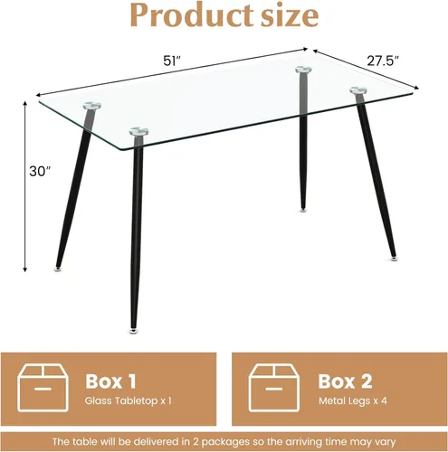 Vista 3 de Tangkula Mesa de comedor de cristal, mesa rectangular moderna con mesa de vidrio templado y patas de acero negro, mesa versátil de cocina simple