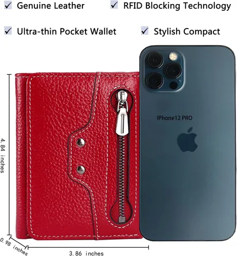 Vista 4 de AINIMOER Cartera pequeña de piel para mujer, delgada, compacta, con bloqueo RFID, con bolsillo para monedas, Lichee Wine Rfid Bloqueo, talla única