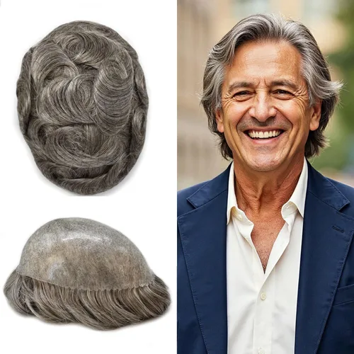 Vista 234 de Toupee para hombre 100% cabello humano real tupé para hombres 0.004 in piel de poliuretano para hombre, sistema de reemplazo de piezas de pelo