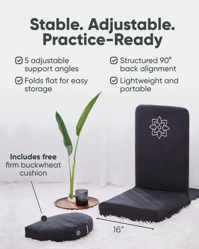Vista 4 de Silla de Meditación Plegable Pro – Asiento de Meditación Ajustable con Soporte para la Espalda y Cojín de Meditación de Trigo Sarraceno de Media