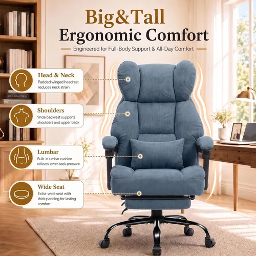 Vista 4 de GTPLAYER Big&Tall Silla ergonómica para juegos, asiento de resorte ancho, reposabrazos de conexión, azul