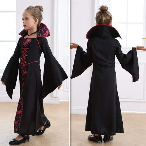 Vista 4 de iTVTi Disfraz de vampiro para niñas, disfraz de Halloween, carnaval, vestido negro para cosplay