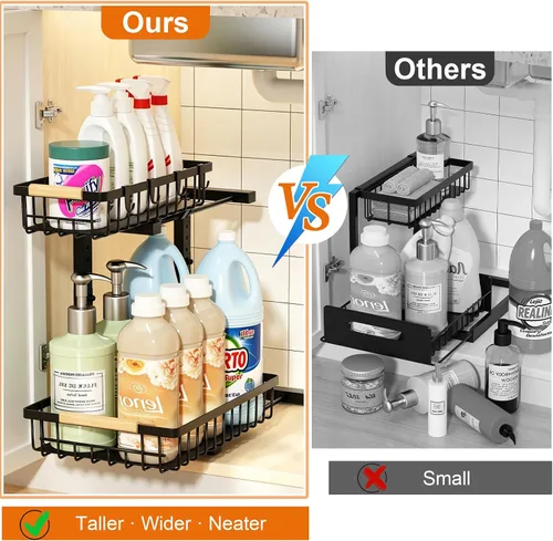 Vista 4 de REALINN Organizador para debajo del fregadero, almacenamiento de armario extraíble de 2 niveles de altura ajustable, organizador de cajones