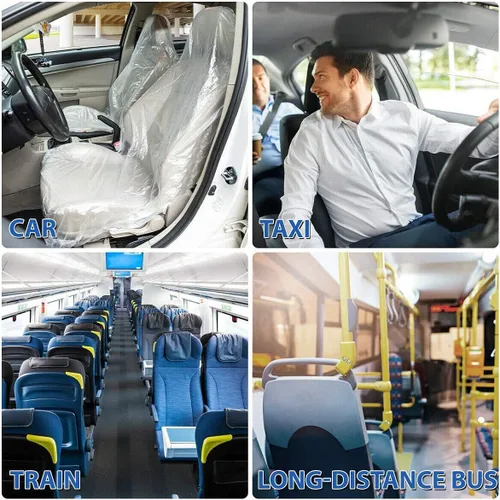 Vista 6 de 100 fundas de asiento desechables, fundas universales de plástico desechables para asientos de avión, sillas de salón, asientos de restaurante