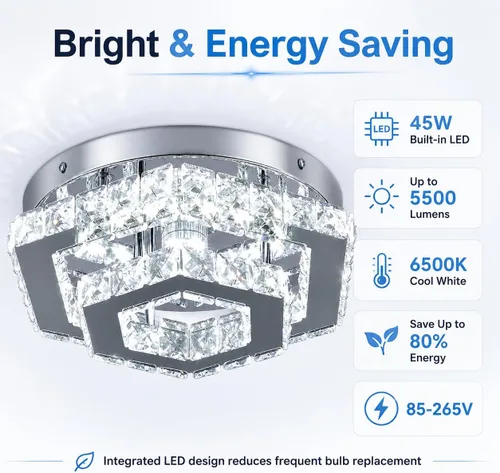 Vista 7 de Candelabro LED Moderno de Montaje al Ras Lámpara de Techo Candelabros de Cristal para Sala de Estar Dormitorio Comedor Cocina (6500K Blanco Frío)