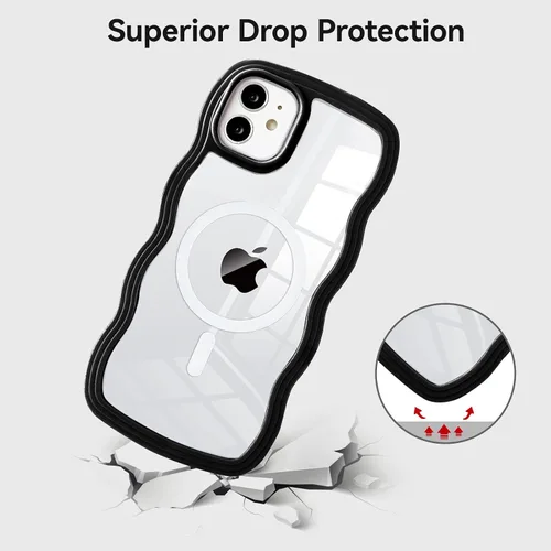 Vista 5 de QLTYPRI Funda magnética para iPhone 11 compatible con Magsafe, bonita funda transparente con marco de onda rizada para niñas y mujeres, parachoques