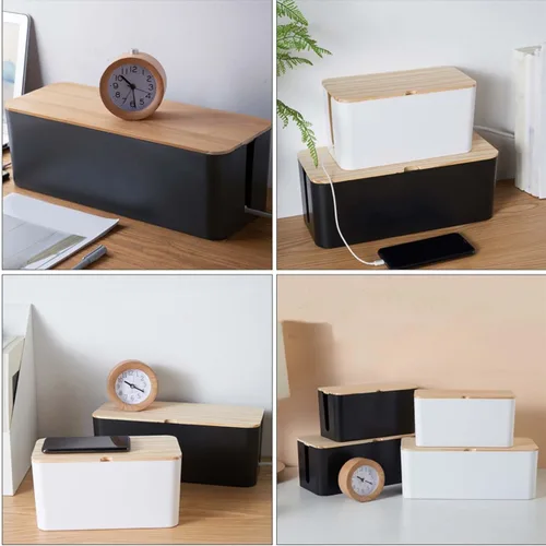 Vista 8 de Cable Storage Box with Natural Wood Lid Medium Black Power Line Organizer Household Wire Storage Case for Charging Cables and Socket Management for