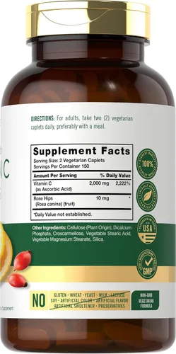 Vista 2 de Carlyle Vitamina C 1000mg 300 Cápsulas vegetales vegetarianas Ácido ascórbico con escaramujos silvestres Fórmula de alta potencia Suplemento