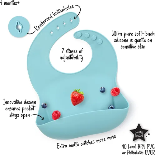 Vista 2 de PrimaStella Baberos de silicona para bebés – Babero suave ajustable impermeable para bebés y niños pequeños Sin BPA