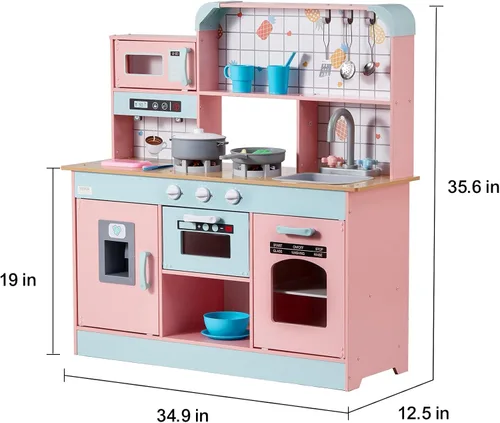 Vista 8 de VEVOR Cocina de Juguete de Madera, Cocina de Juego para Niños con Luces y Sonidos, Cocina Infantil con Máquina de Hielo, Horno, Fregadero