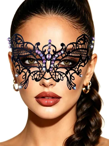 Vista 7 de Yalice Máscaras de encaje con strass para mujer, máscara de media cara con destellos para fiesta de disfraces