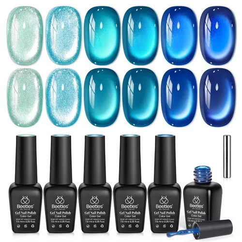 Vista 13 de Beetles - Juego de esmaltes de gel blanco y negro, 6 colores plateados, ojo de gato, purpurina brillante con imán, arte de uñas UV LED, hogar, salón