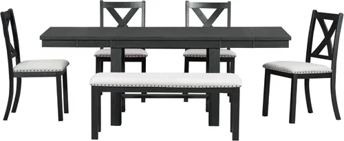 Vista 7 de RuiSiSi 6 Piece Solid Wood Dining Table Set, Farmhouse Extendable Kitchen Table with a Bench and 4 Padded Chairs, 4-6 Dining Table Set with Bench
