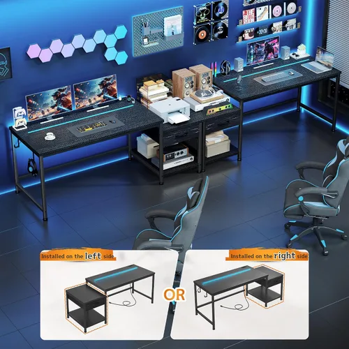 Vista 6 de DurayLoly Escritorio para juegos de 48.1 pulgadas con luces LED y tomas de corriente, escritorio reversible para computadora con cajones y estante