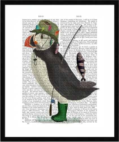 Vista 14 de Amanti Art Framed Wall Art Print 21x17 Puffin Fishing by Fab Funky, Animals Wall Art, Whimsical Decor, Small Poster Painting Artwork for Living