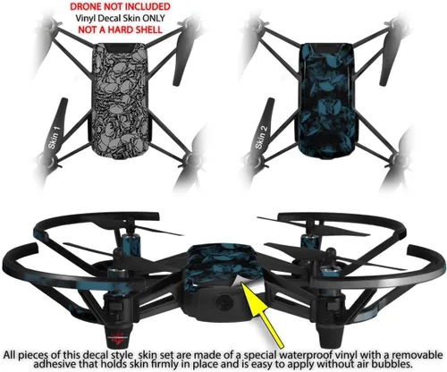 Vista 2 de Skin Decal Wrap 2 Pack Compatible with DJI Ryze Tello Scattered Skulls Gray Drone NOT Included