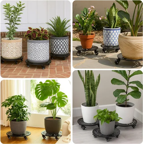 Vista 6 de 1 paquete de 30 cm de gran organizador de plantas de metal con 3 ruedas de PU metálicas, soporte rodante para plantas con ruedas para interiores