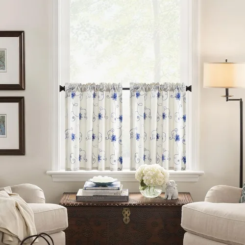 Vista 13 de VOGOL Cortinas de Nivel para Cocina para Ventana, Flores Azules y Enredaderas Bordadas Cortina de 24 Pulgadas de Largo, Cortinas Cortas Tratamiento