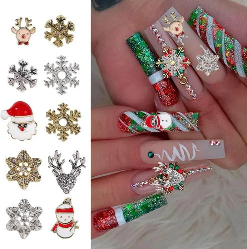 Vista 6 de 20 dijes de uñas de Navidad, copos de nieve 3D, muñeco de nieve, Papá Noel, alce, ciervo, para uñas acrílicas, invierno, Navidad, lindas gemas