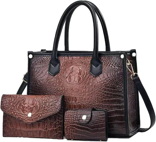 Vista 12 de Bolso y monedero para mujer, 3 piezas, con patrón de cocodrilo, cartera de embrague, tarjetero Gris