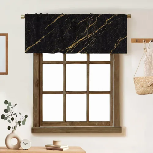 Vista 16 de Cortina de cenefa de mármol verde con venas doradas de mármol negro, diseño abstracto de lujo, elegante cenefa con bolsillo para barra, 1 panel