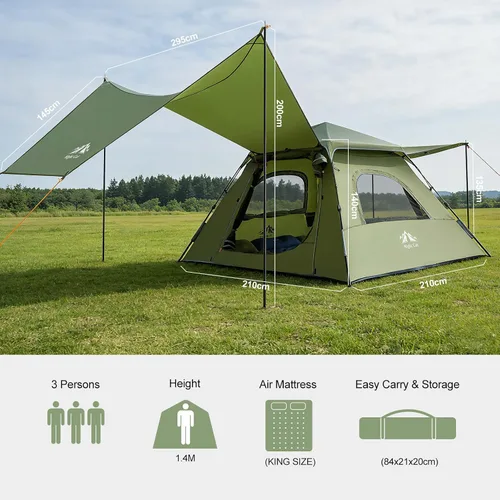 Vista 8 de Night Cat Tienda de campaña para 3 personas: Tienda de campaña instantánea impermeable con toldo para la familia, tienda de campaña con toldo 2 en 1