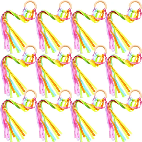 Vista 9 de Deekin 12 piezas de cinta de arco iris de madera Waldorf juguetes creativos Waldorf juego de cometas de mano serpentinas con anillo de madera