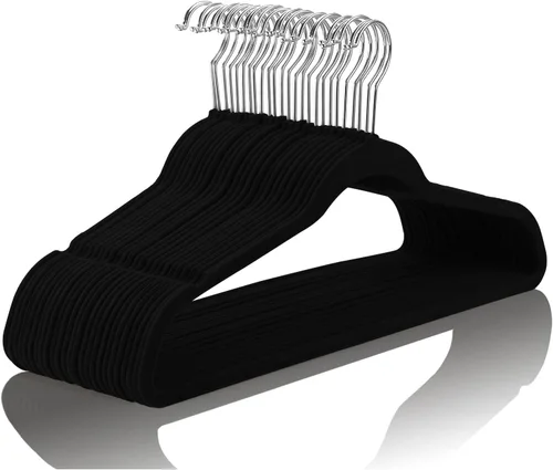 Vista 19 de MIZGI Paquete de 30 perchas de terciopelo de alta calidad, resistentes, antideslizantes, delgadas, perchas de terciopelo negro, ganchos dorados