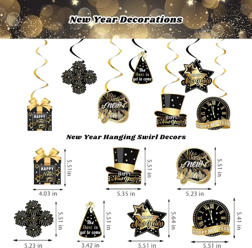 Vista 5 de Decoraciones de Año Nuevo 2025, suministros de fiesta de feliz año nuevo negro dorado con banderines, espirales colgantes, accesorios de cabina