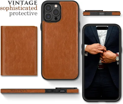 Vista 5 de LOHASIC Funda tipo cartera para iPhone 12 Pro Max, soporte para 6 tarjetas, parte trasera magnética desmontable, compatible con Mag-Safe, funda