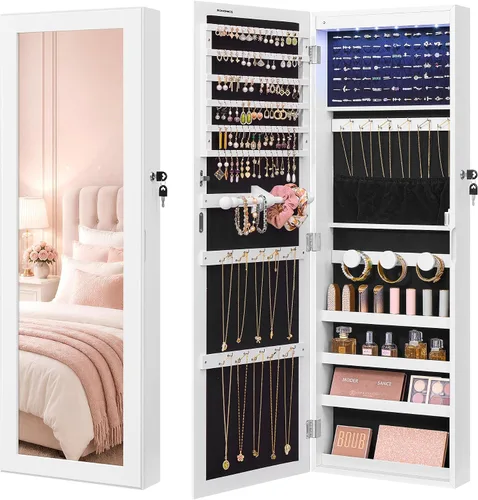 Vista 11 de Songmics - UJJC093B01 - Armario para joyas que se puede cerrar con llave, de montaje en pared o puerta, con espejo de 6 luces LED, para Negro