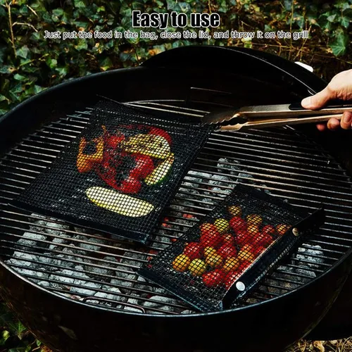 Vista 5 de Bolsa de malla antiadherente para barbacoa, bolsa de PTFE resistente a altas temperaturas, bolsa de malla para parrilla de barbacoa para picnics