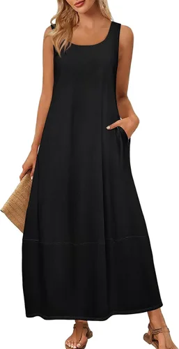 Vista 23 de Vestidos de iglesia para mujer 2025, casual, holgado, sin mangas, largo, fluido, vestido de verano con bolsillos