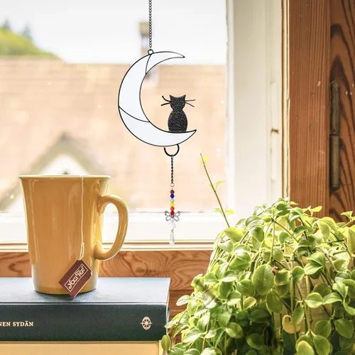 Vista 5 de Godboy Gato negro en la luna, regalo de adorno colgante, regalos conmemorativos para gatos, regalo de condolencias por pérdida de mascotas