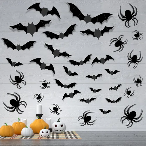 Vista 2 de 68 piezas de decoración de pared de murciélago con 68 decoraciones de araña y murciélago de Halloween, decoraciones de murciélagos de Halloween