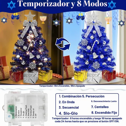 Vista 2 de Timer - 24 Inch/2 FT Blue Tabletop Christmas Tree with Lights 8 Modes Mini árbol de Navidad pequeño, 20 luces blancas cálidas, 20 cajas de Azul