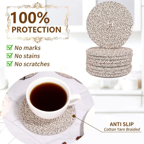 Vista 5 de Mckanti Paquete de 8 posavasos con soporte, posavasos absorbentes para mesa de café, juego de posavasos de algodón minimalista tejido