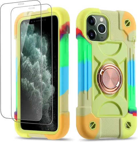 Vista 138 de Funda para iPhone 11 de 6.1 pulgadas con soporte de anillo, con 2 protectores de pantalla de vidrio, resistente a los golpes, resistente a