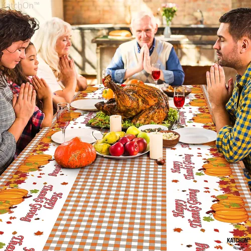Vista 5 de KatchOn, Mantel grande de plástico de Acción de Gracias, 108 x 54 pulgadas, paquete de 3 Mantel desechable de otoño, rectangular, otoño, calabaza