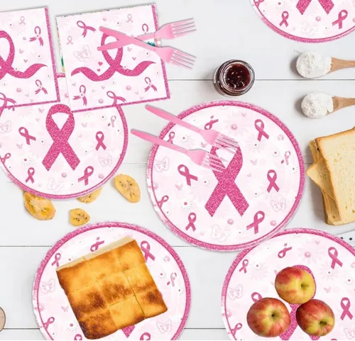 Vista 4 de 48 piezas de decoraciones para fiesta del cáncer de mama incluyen platos, servilletas, decoraciones para fiesta libres de cáncer para servir a 24