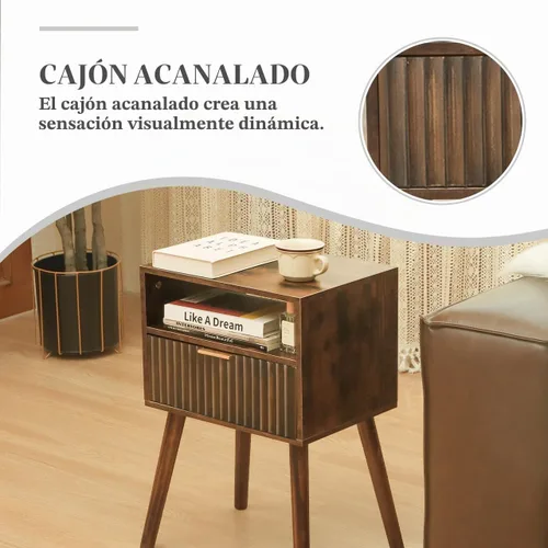 Vista 6 de Fultyle Mesita de noche pequeña, mesita de noche de madera con cajón acanalado y estante Marrón rústico