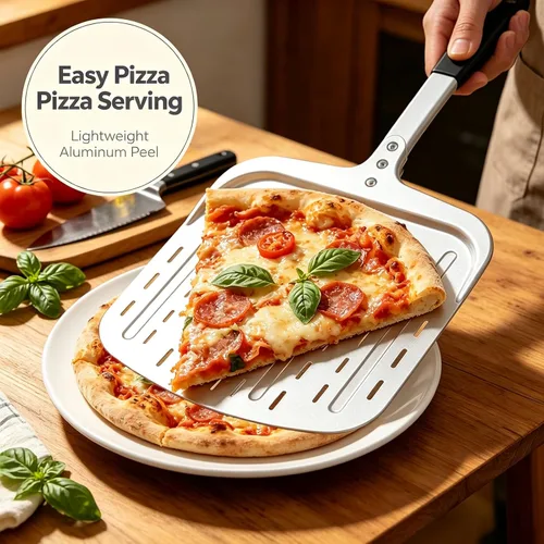 Vista 6 de Pala de pizza de 12 pulgadas, pala grande de aluminio para pizza con mango ergonómico largo y superficie antiadherente perforada, accesorios