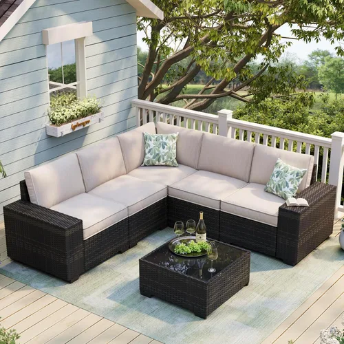 Vista 12 de JOYURE Juego de muebles de patio de 5 piezas, sofá de exterior con cojines impermeables, sofá de patio en forma de L de ratán y mesa auxiliar Gris
