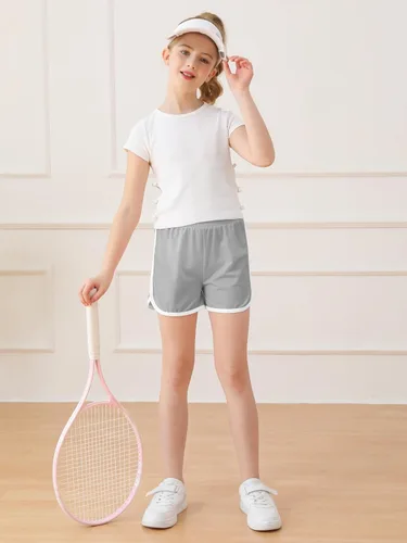 Vista 3 de Resinta Paquete de 5 pantalones cortos deportivos para niñas, pantalones cortos deportivos de fútbol para niños, de secado rápido, para gimnasio