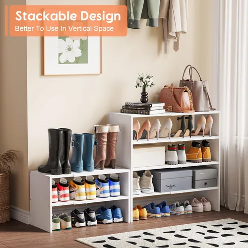 Vista 4 de Organizador de zapatos blanco expandible de 2 niveles para armario, estante de almacenamiento apilable para zapatos, estantes pequeños de zapatos
